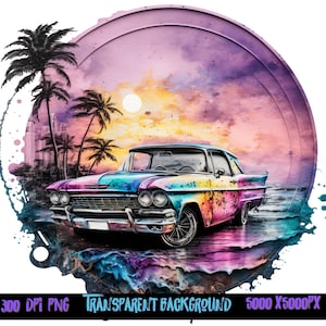 Oldie Car Purple Sunset, T shirt design, retro designs, vintage racing, designs for men, sublimation designs, dtf png, tshirt design, beach
