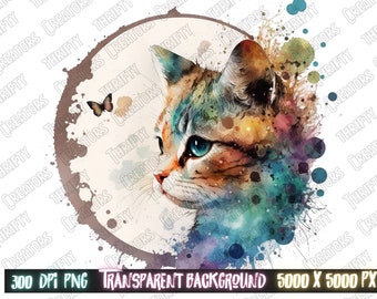 Watercolor Cat PNG, Colorful Sublimation (Digital Download)