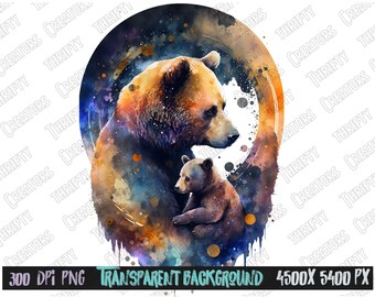 Mama Bear Cub Watercolor PNG, Sublimation Design (Digital Download)