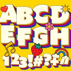 Eighties Buchstaben & Zahlen PNG-Bundle, Back-to-School-Sublimations-Set für Lehrer, 7-Farben-Doodle-Alphabet-Clipart, Buntes A–Z a–z 0–9