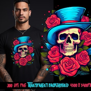 Skull with Roses t shirt design, Sublimation, dtf images and shirt graphics, Rockabilly designs, Original Design by Thrifty Creators 2023
