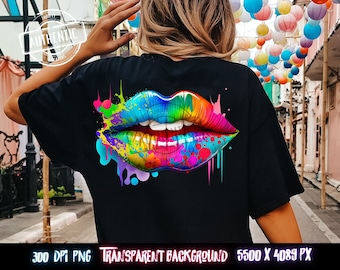 Neon Lips PNG, Colorful Splatter Design (Digital Download)