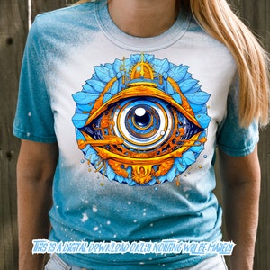 May include: A blue and white tie-dye t-shirt with a graphic of a large, detailed eye with gold and blue accents. The eye is surrounded by blue and gold floral designs.