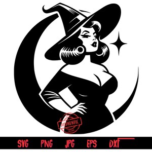 Kurvige Hexe 2, SVG-Bundle, enthält PNG-, SVG-, DXF-, EPS- und Jpg-Dateien, Halloween-Designs, Hexensvp, Thrifty Ersteller Exklusiv, PNG-Dateien