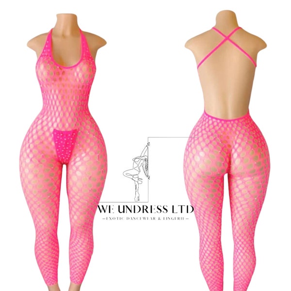 Pink fishnet body stocking - exotic dance wear - pole wear