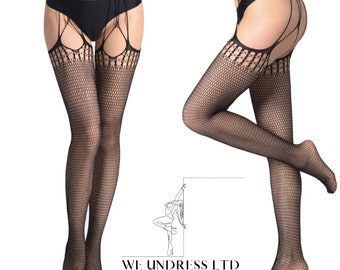 Black garter patterned fishnet tights