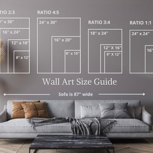 May include: A wall art size guide with different aspect ratios and measurements in inches. The guide shows how different sizes of artwork would look on a sofa that is 87 inches wide.