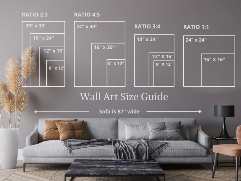 May include: A wall art size guide with different aspect ratios and measurements in inches. The guide shows how different sizes of artwork would look on a sofa that is 87 inches wide.