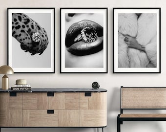 Luxury Fashion Prints Set of 3: Leopard, Diamond, Lips (Digital Download
