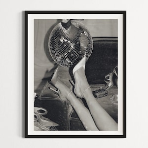 Vintage Disco Ball & Heels Print: Black and White Fashion Poster (Digital Download)