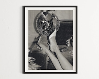 Vintage Disco Ball & Heels Print: Black and White Fashion Poster (Digital Download)