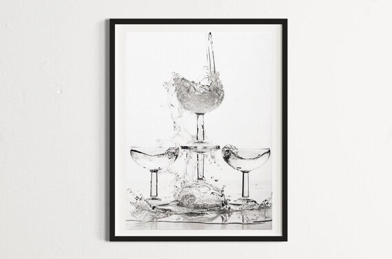 Wine glass spill photo, wine glass poster, champagne glass, black and white kitchen wall print, wine glass wall print, fashion print