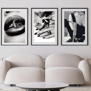 Set of 3 fashion prints, diamonds, fashion art, fashion poster, luxury fashion wall art, luxury fashion lips, vintage pearls, old money art