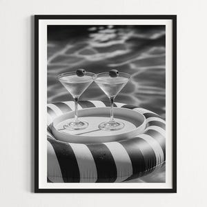 Martinis by the pool, black and white vintage poster, fashion poster, luxury fashion print, fashion wall art, retro wall art, monochrome
