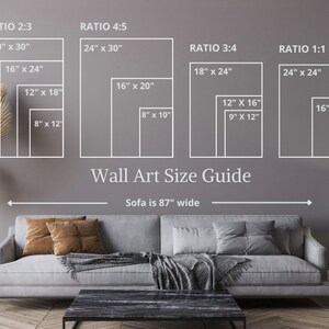 May include: A wall art size guide displays various rectangular art print sizes, including 20" x 30", 16" x 24", and 12" x 18". The text "Wall Art Size Guide" is visible. A sofa, 87" wide, is shown below the guide.