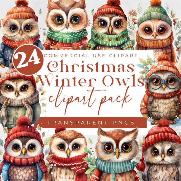 Cute Winter Owls in Hats Scarves Coats | Christmas Owls | Christmas Clipart | Transparent PNG | Commercial Use | Junk Journal | Scrapbooking