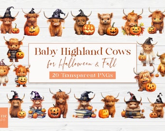 Halloween Baby Highland Cows Watercolor Clipart | Cows in Witch Hats PNG | Baby Shower Graphics | Autumn | Instant Download | Commercial Use