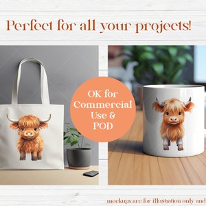 May include: A white tote bag and a white mug with a watercolor illustration of a brown Highland cow with long hair. The text "OK for Commercial Use & POD" is on a peach-colored circle behind the tote bag.