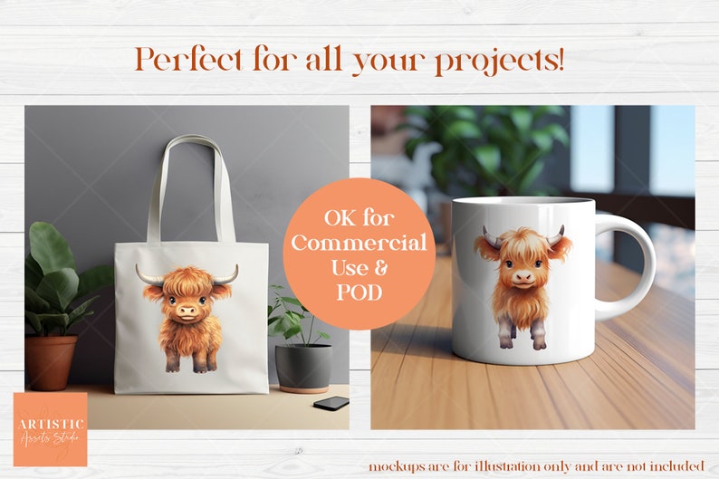 May include: A white tote bag and a white mug with a watercolor illustration of a brown Highland cow with long hair. The text "OK for Commercial Use & POD" is on a peach-colored circle behind the tote bag.