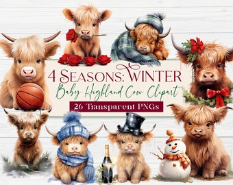 Winter Baby Highland Cows | Christmas Cows | Hanukkah, New Years, Valentine’s Day Clipart, Tumbler Graphics, Transparent PNG, Commercial Use