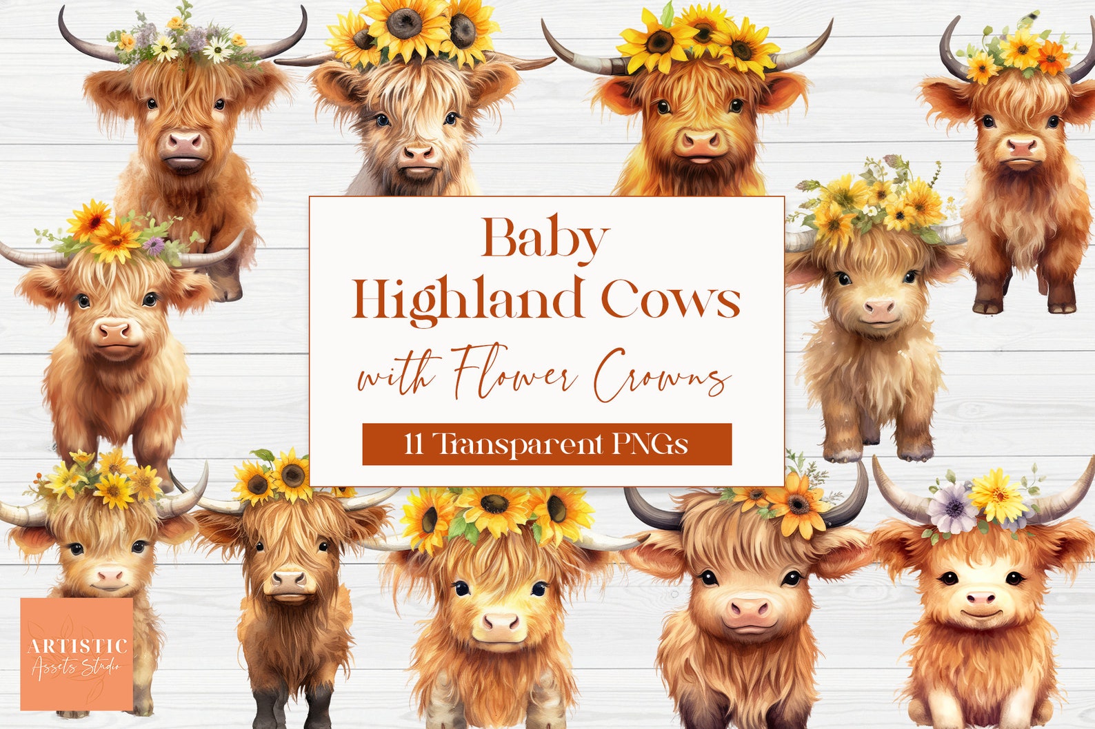 Cute Baby Highland Cow With Flower Crowns | Watercolor Clipart | Boho ...