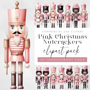 May include: A set of 26 pink and white Christmas nutcracker clip art images. The nutcrackers are all wearing traditional costumes and have a variety of facial expressions. The images are perfect for adding a festive touch to your holiday projects.