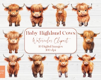 Cute Baby Highland Cow Watercolor Clipart Farm Animal PNG Baby Shower Graphics Nursery Art Instant Download Commercial Use