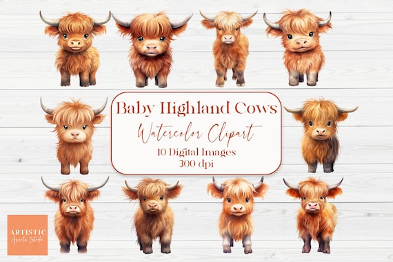 Cute Baby Highland Cow Watercolor Clipart Farm Animal PNG Baby Shower Graphics Nursery Art Instant Download Commercial Use