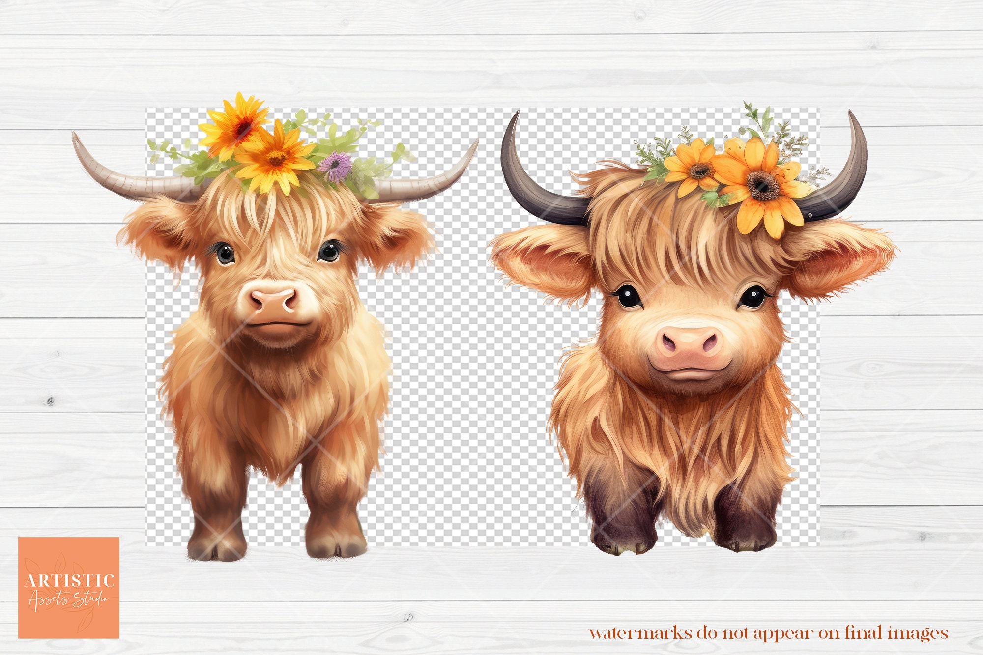 Cute Baby Highland Cow With Flower Crowns | Watercolor Clipart | Boho ...