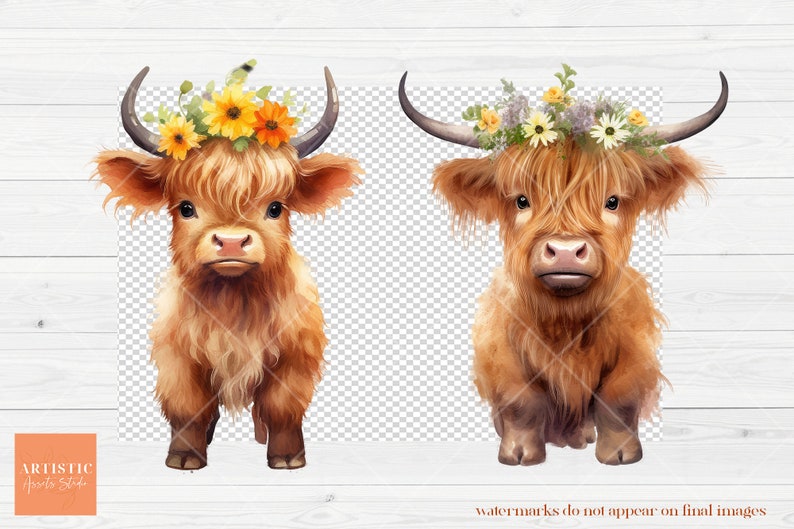 Cute Baby Highland Cow With Flower Crowns | Watercolor Clipart | Boho ...