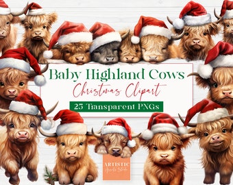 Christmas Baby Highland Cows Wearing Santa Hats | Watercolor Clipart | Tumbler Clipart | Transparent PNG | Instant Download | Commercial Use