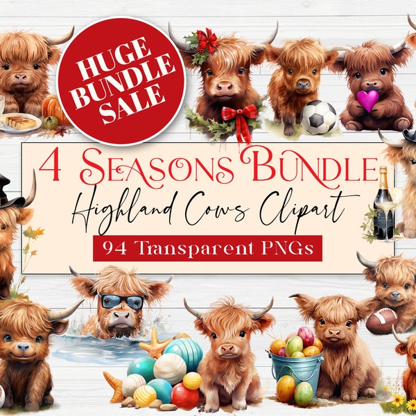BUNDLE All 4 Seasons of Baby Highland Cow Clipart | Digital Download | Tumbler Graphics | Transparent PNG | Commercial Use