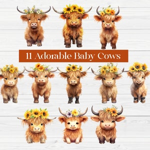 Cute Baby Highland Cow With Flower Crowns | Watercolor Clipart | Boho ...