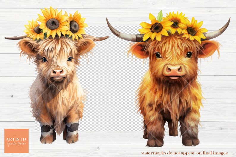 Cute Baby Highland Cow With Flower Crowns | Watercolor Clipart | Boho ...