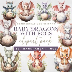Baby Dragons Clipart | Cute Dragons in Eggs | Watercolor Dragons | Fantasy Nursery Art | Woodland Dragon | Transparent PNG | Commercial Use