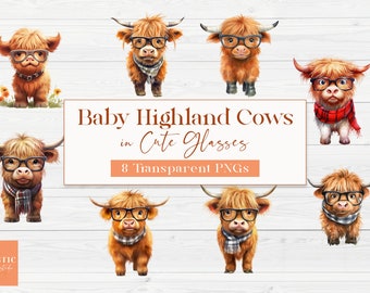 Mignon bébé vaches Highland portant des lunettes | Clipart aquarelle | Animaux de la ferme | Art de pépinière de vache | PNG transparents | Un usage commercial