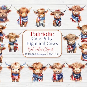 Patriotic Baby Highland Cow Watercolor Clipart | Farm Animal PNG | Baby Shower Graphics | Nursery Art | Instant Download | 4th of July