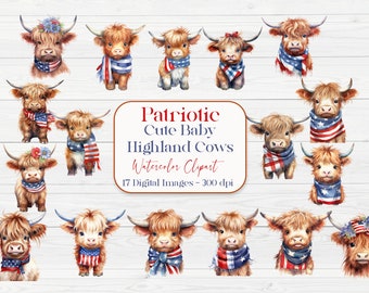 Patriotic Baby Highland Cow Watercolor Clipart | Farm Animal PNG | Baby Shower Graphics | Nursery Art | Instant Download | 4th of July
