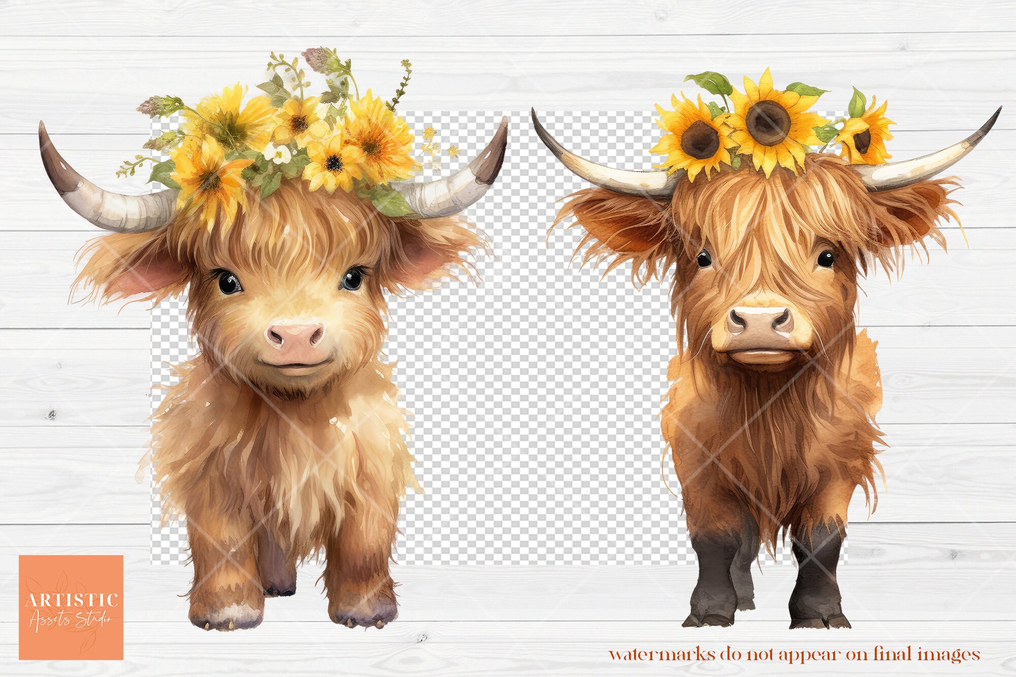 Cute Baby Highland Cow With Flower Crowns | Watercolor Clipart | Boho ...