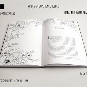 Könnte beinhalten: Ein doppelseitiges Buch-Mockup mit einem schwarz-weißen floralen Design auf der linken Seite und Text auf der rechten Seite. Der Text lautet "Kapitel Eins" und wird mit einem Absatz Text fortgesetzt. Das Buch ist für die Verwendung in Pergament konzipiert und misst 12,7x20,3 cm.