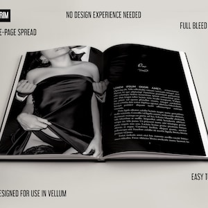 May include: A black and white photograph of a couple in a book with the text "Lorem ipsum dolor amet" on the right page. The book is open to a double-page spread and has a 5.5x8.5 trim size.