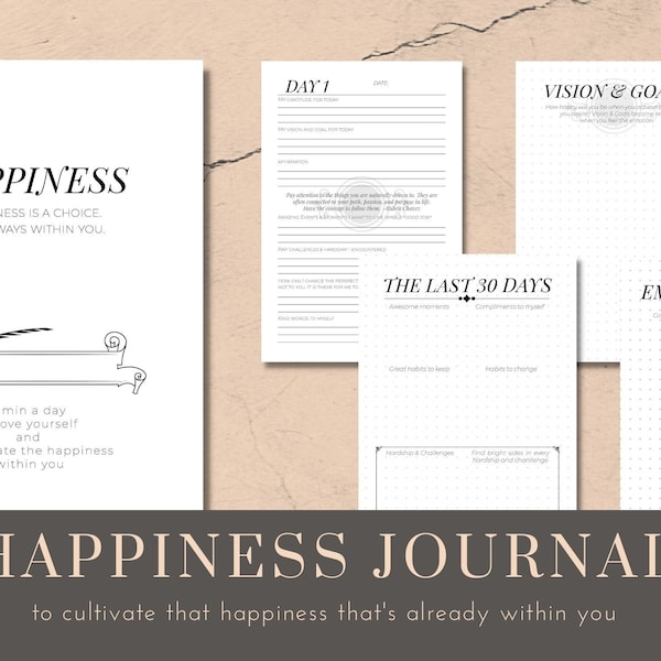 printable happiness journal, happiness journal, digital positive journal, daily quotes, manifestation planner, mental health, gratitude pdf