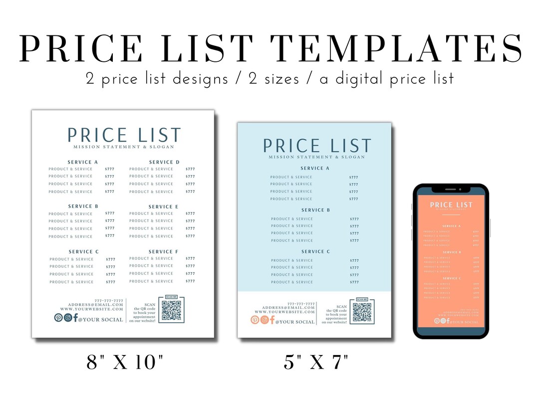 Price List Template, Editable Pricing Sheet, Editable Prince List ...