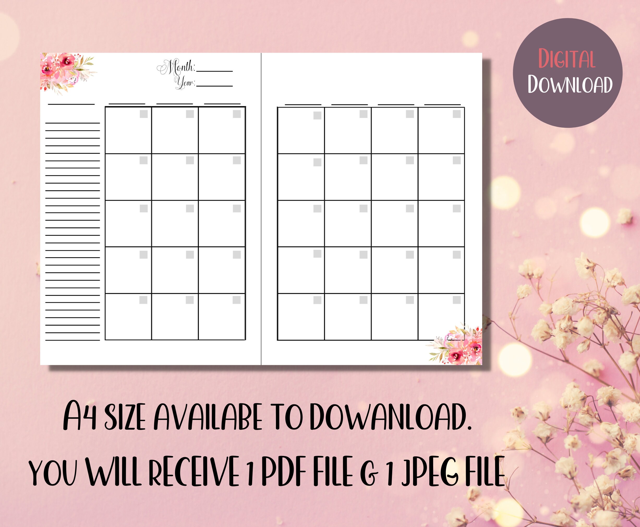 Printable A5 Floral Monthly Calendar Non-dated Instant - Etsy