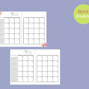 Printable A5 Floral monthly Calendar, non-dated, instant download, digital, personalised, bullet journaling, monthly planner in A4 sheet