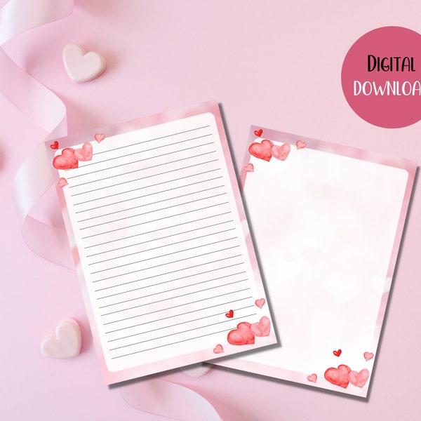 Printable cute valentine's day, anniversary day letter writing paper set of 2, instant download, digital download, valentines day stationery