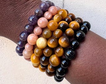 Handmade Gemstone Bracelet: Amethyst, Tiger's Eye, Sunstone, Agate