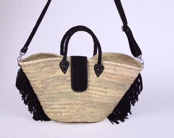 Moroccan Straw Bag with Black Leather Fringe