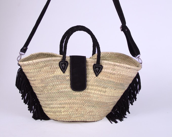 Moroccan Straw Bag with Black Leather Fringe