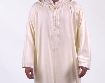 Hooded Moroccan Thobe for Men Linen White
